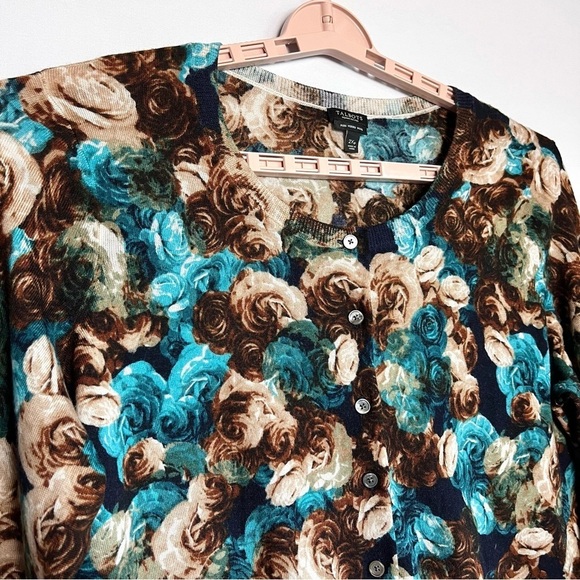 Talbots Pure Merino Wool Cardigan Sz 2XP Brown Blue Rose Button Romantic Floral - Picture 2 of 15